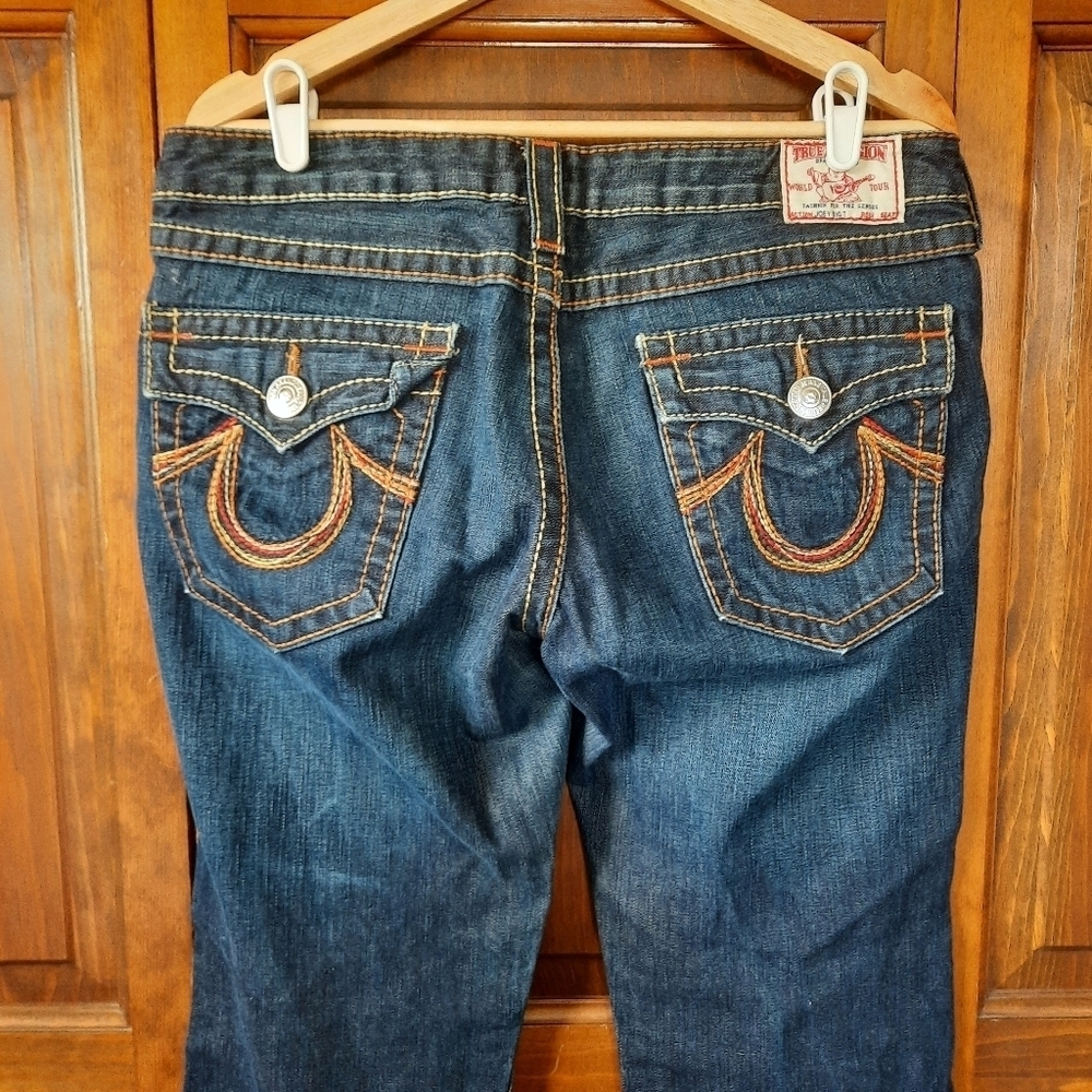 True Religion Joey Big T Twist Leg Flare Dark Wash Thick Stitch Flap Pockets 32 - Picture 10 of 14